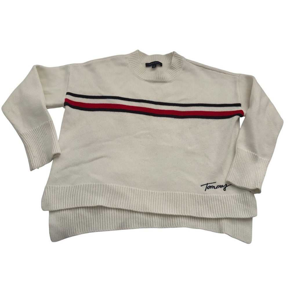 Tommy Hilfiger Womens Cream Striped Crewneck Sweater Script Logo Small